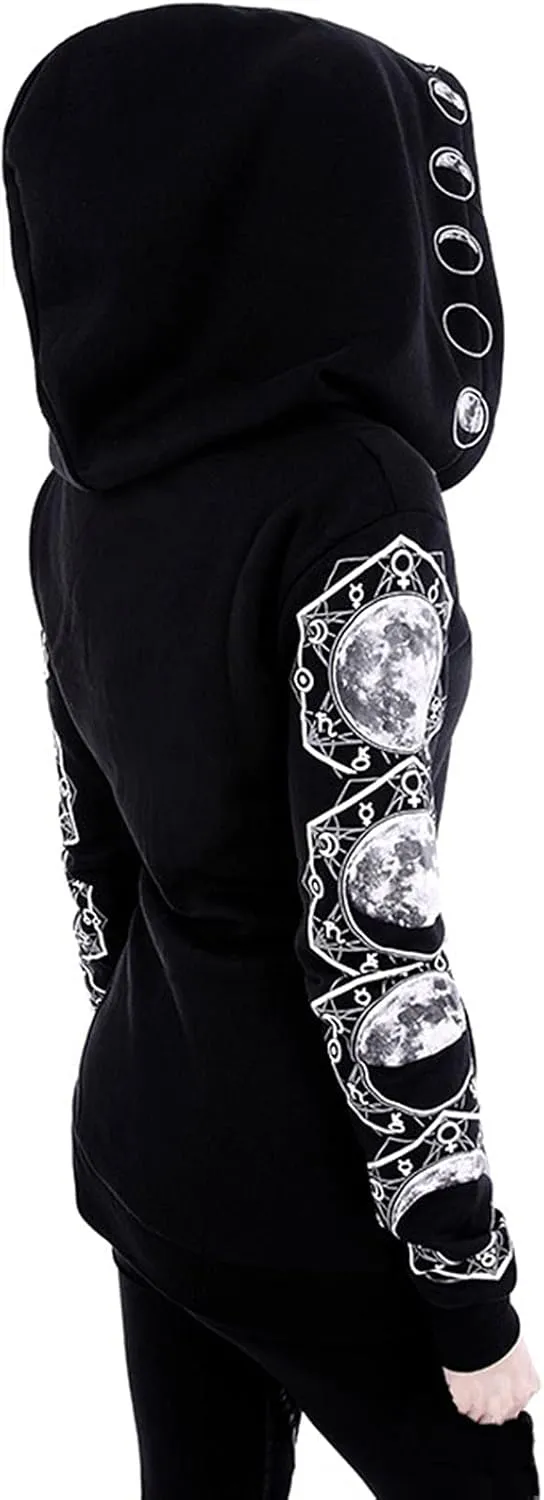 tuduoms Black Punk Gothic Hoodie Women Long Sleeve Zip Up Hoodie Moon Jacket Top Long Sweatshirts Plus Size Y2k Goth Clothing
