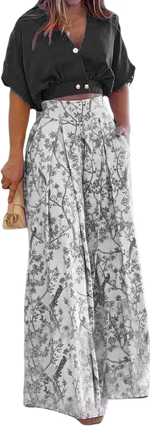 Two Piece Sets for Women Summer Short Sleeve V Neck Sexy Crop Tops Matching Print Wide Leg Pants Set Lounge Sets