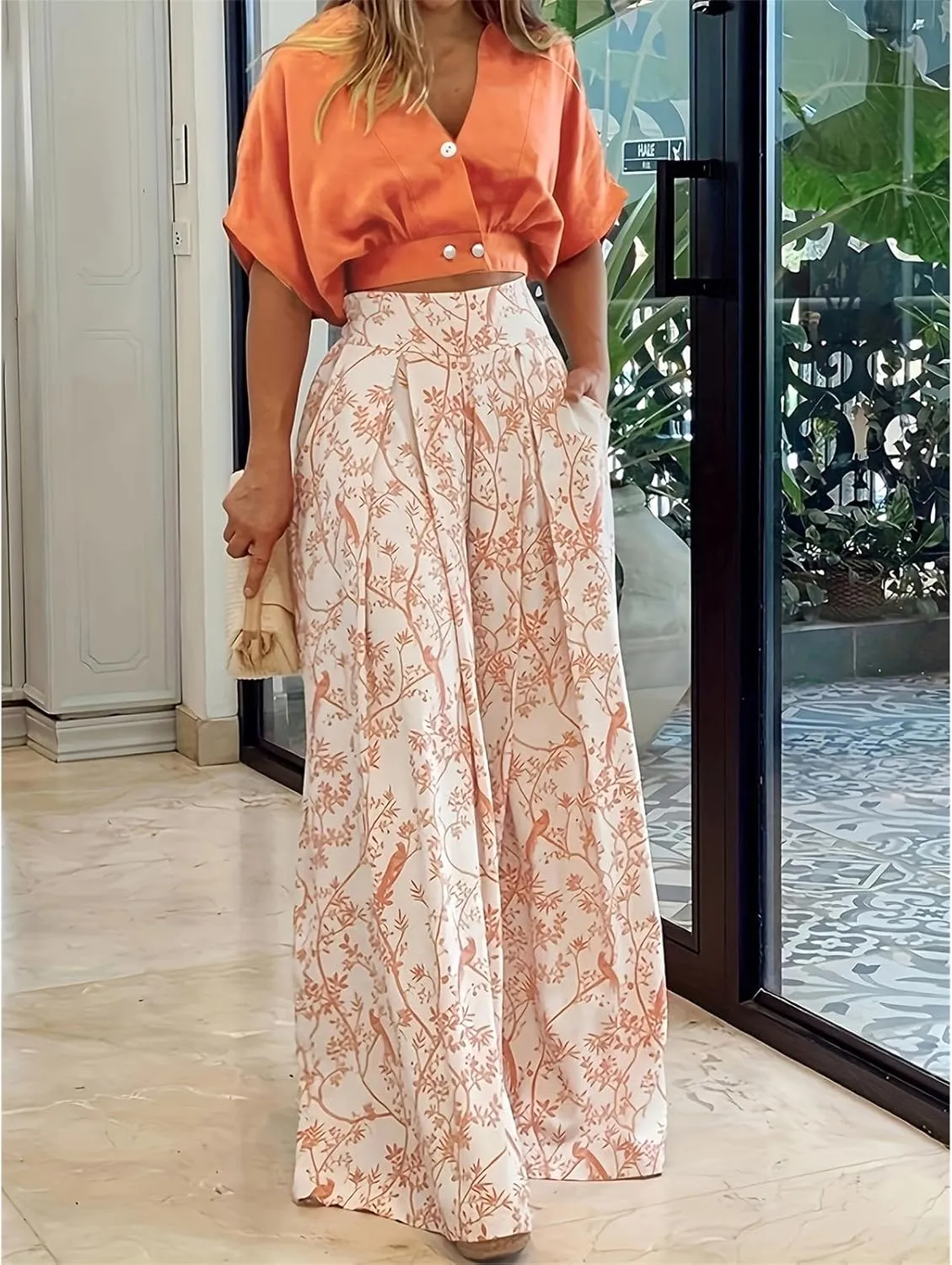 Two Piece Sets for Women Summer Short Sleeve V Neck Sexy Crop Tops Matching Print Wide Leg Pants Set Lounge Sets
