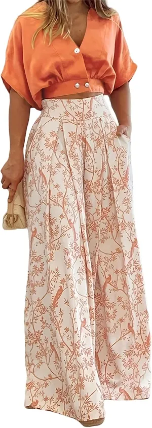 Two Piece Sets for Women Summer Short Sleeve V Neck Sexy Crop Tops Matching Print Wide Leg Pants Set Lounge Sets