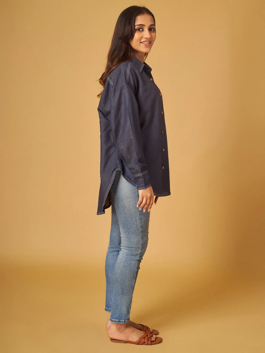 Ultra Marine Blue Cotton Linen Shirts with Contrast Stitch