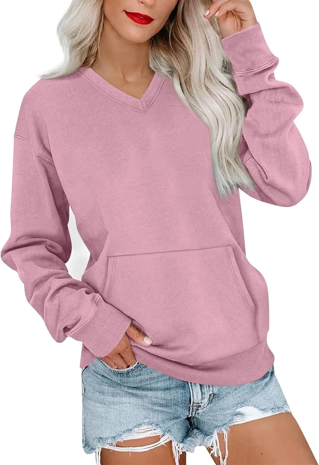 V Neck Sweatshirt Women No Hood Pocket Oversized Comfy Hoodie Y2k Soft Plain Fleece Pullover Cute Sweatshirts