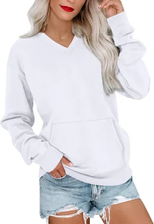 V Neck Sweatshirt Women No Hood Pocket Oversized Comfy Hoodie Y2k Soft Plain Fleece Pullover Cute Sweatshirts