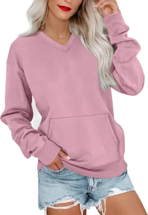 V Neck Sweatshirt Women No Hood Pocket Oversized Comfy Hoodie Y2k Soft Plain Fleece Pullover Cute Sweatshirts