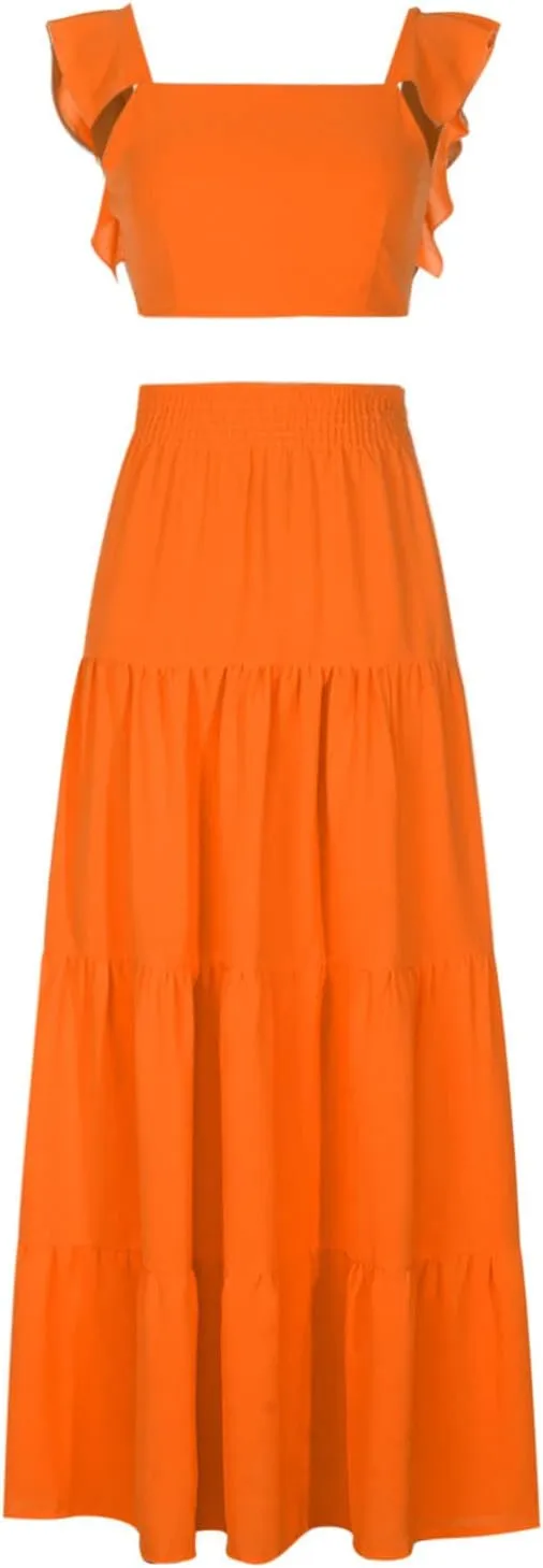 Vacation Outfits for Women Summer 2 Piece Skirt Sets Ruffle Cropped Tank Tops High Waisted Maxi Skirts Matching Sets