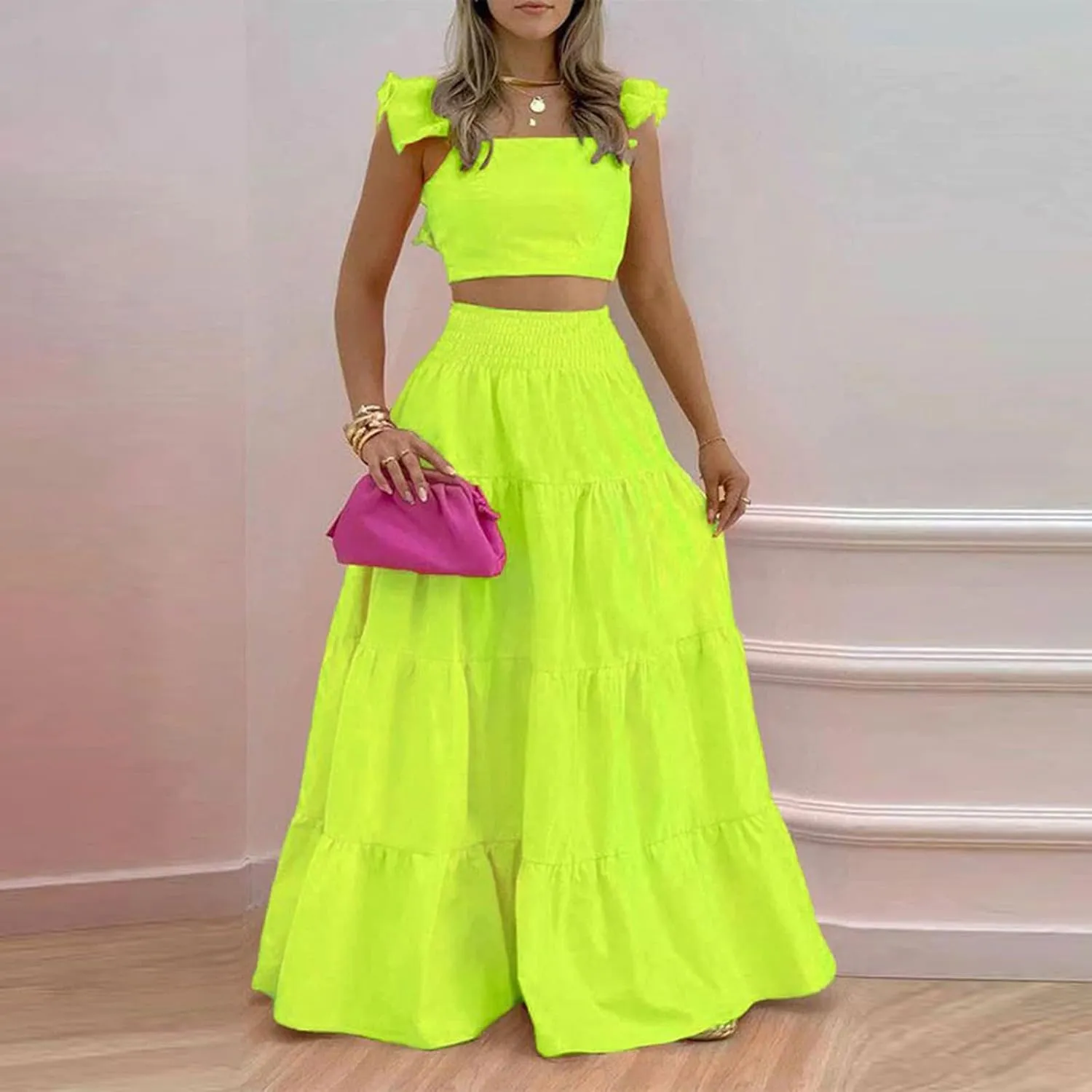 Vacation Outfits for Women Summer 2 Piece Skirt Sets Ruffle Cropped Tank Tops High Waisted Maxi Skirts Matching Sets