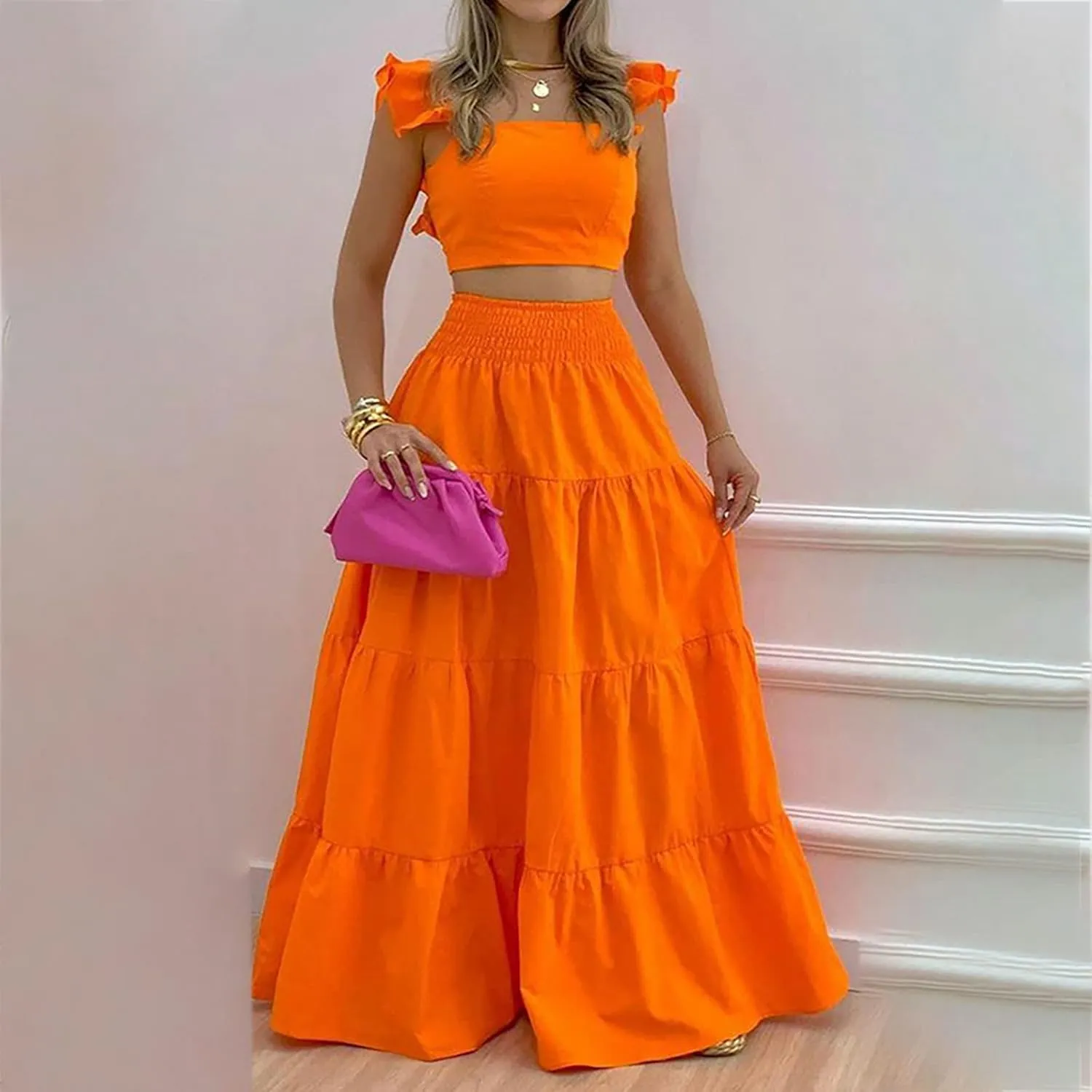 Vacation Outfits for Women Summer 2 Piece Skirt Sets Ruffle Cropped Tank Tops High Waisted Maxi Skirts Matching Sets
