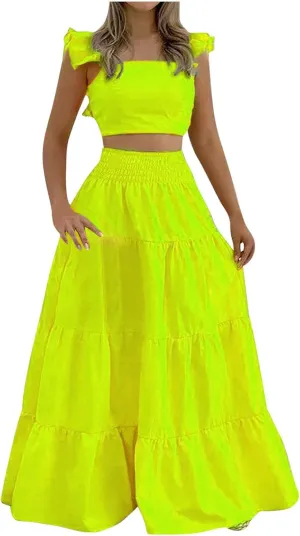 Vacation Outfits for Women Summer 2 Piece Skirt Sets Ruffle Cropped Tank Tops High Waisted Maxi Skirts Matching Sets