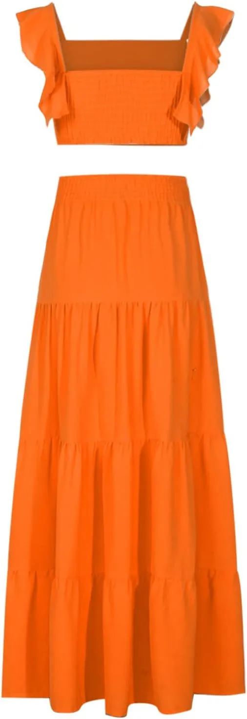 Vacation Outfits for Women Summer 2 Piece Skirt Sets Ruffle Cropped Tank Tops High Waisted Maxi Skirts Matching Sets