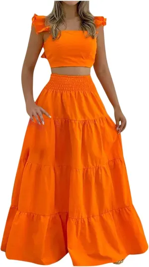 Vacation Outfits for Women Summer 2 Piece Skirt Sets Ruffle Cropped Tank Tops High Waisted Maxi Skirts Matching Sets