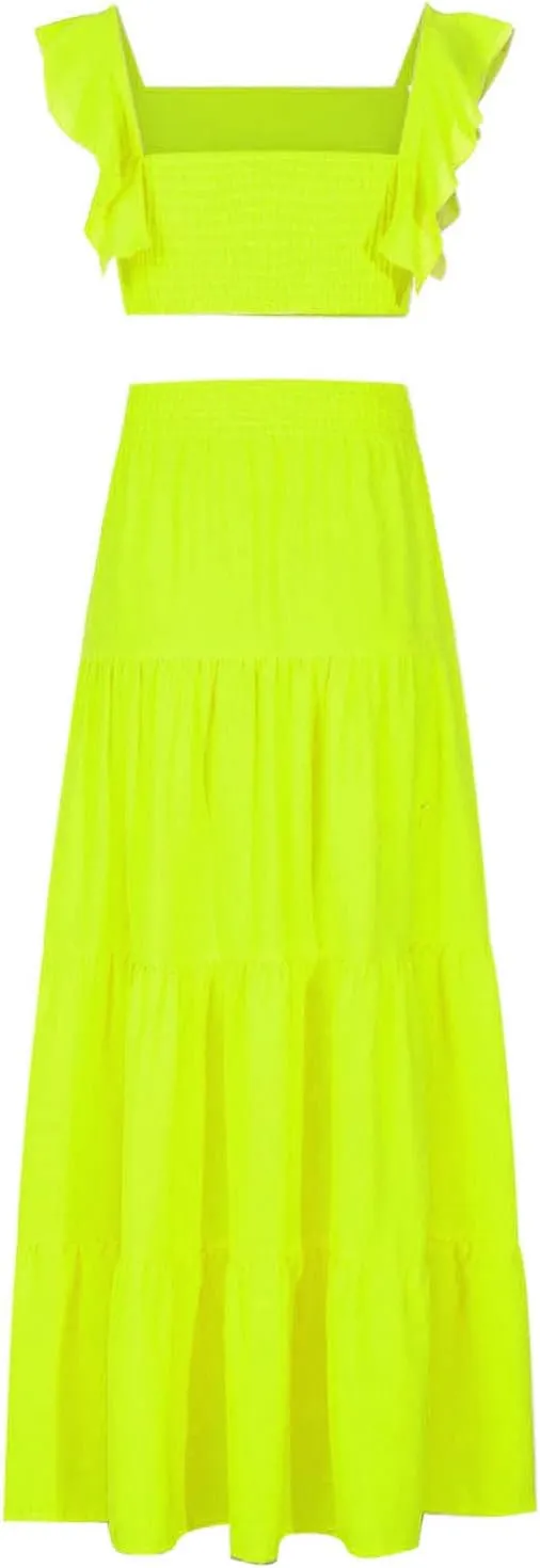 Vacation Outfits for Women Summer 2 Piece Skirt Sets Ruffle Cropped Tank Tops High Waisted Maxi Skirts Matching Sets