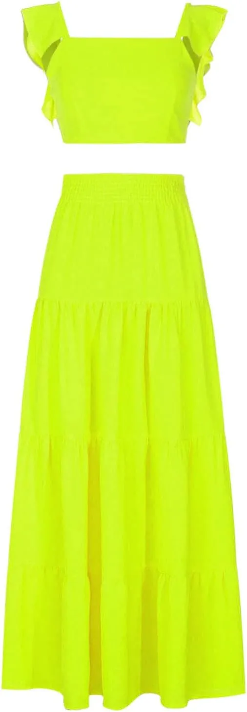 Vacation Outfits for Women Summer 2 Piece Skirt Sets Ruffle Cropped Tank Tops High Waisted Maxi Skirts Matching Sets