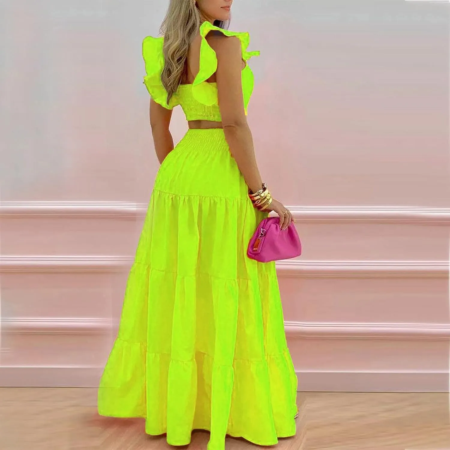 Vacation Outfits for Women Summer 2 Piece Skirt Sets Ruffle Cropped Tank Tops High Waisted Maxi Skirts Matching Sets