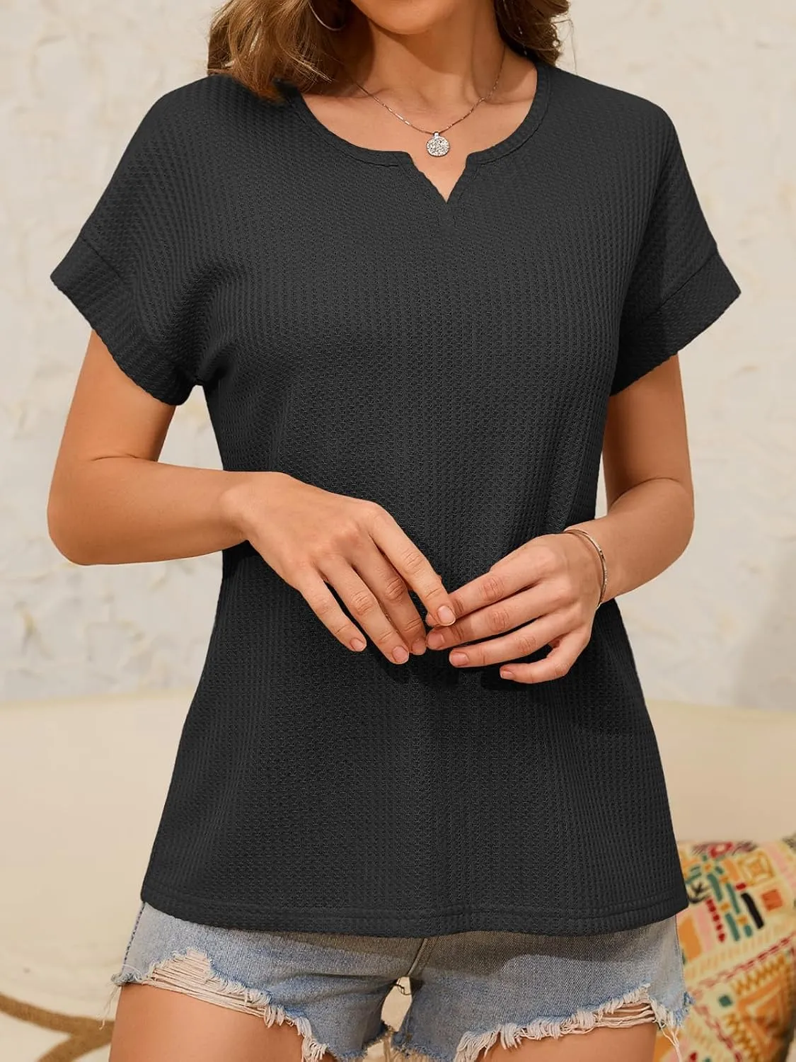 Waffle Knit Tops for Women V Neck Short Sleeve Casual Shirts Loose Summer Tunic Tops Blouses