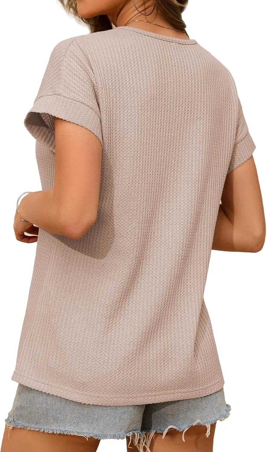 Waffle Knit Tops for Women V Neck Short Sleeve Casual Shirts Loose Summer Tunic Tops Blouses