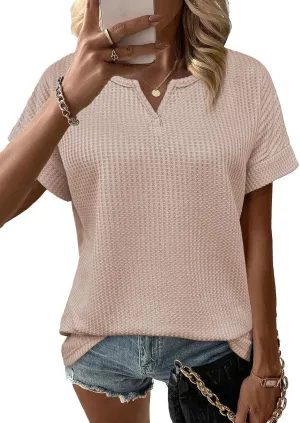 Waffle Knit Tops for Women V Neck Short Sleeve Casual Shirts Loose Summer Tunic Tops Blouses