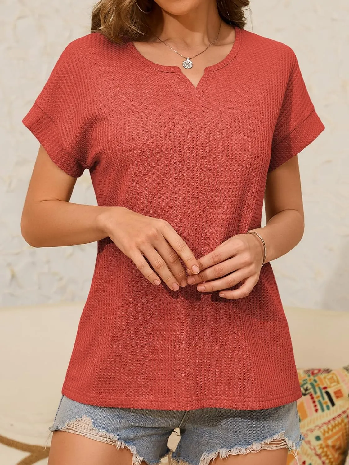Waffle Knit Tops for Women V Neck Short Sleeve Casual Shirts Loose Summer Tunic Tops Blouses