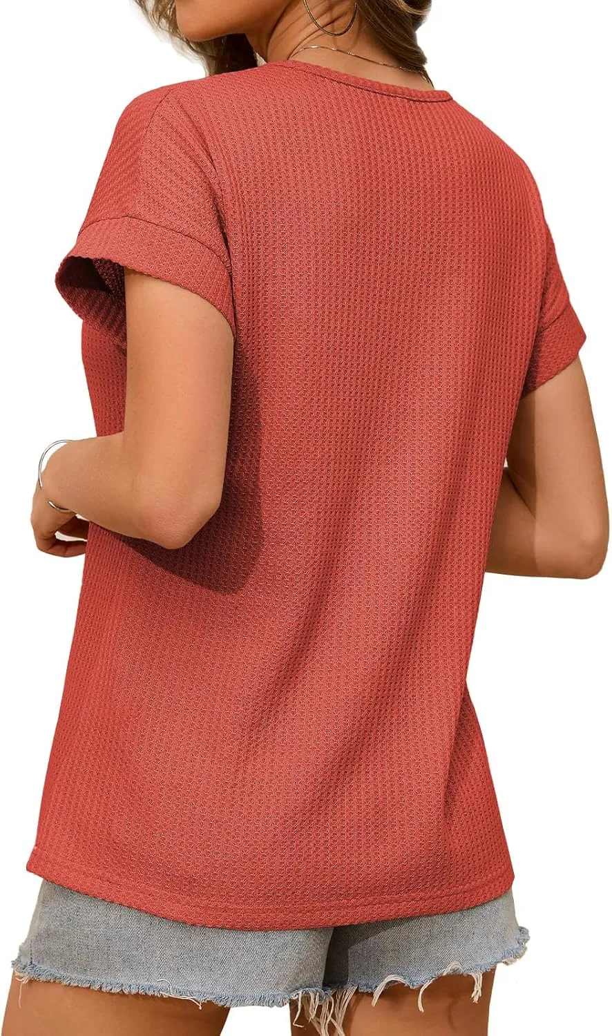 Waffle Knit Tops for Women V Neck Short Sleeve Casual Shirts Loose Summer Tunic Tops Blouses