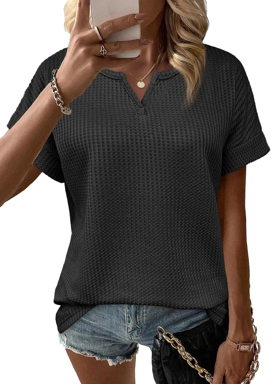 Waffle Knit Tops for Women V Neck Short Sleeve Casual Shirts Loose Summer Tunic Tops Blouses