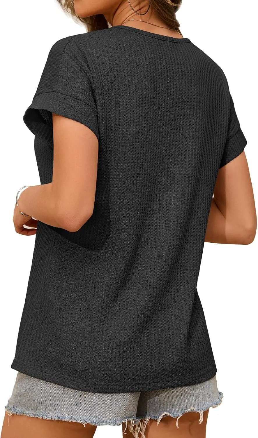 Waffle Knit Tops for Women V Neck Short Sleeve Casual Shirts Loose Summer Tunic Tops Blouses