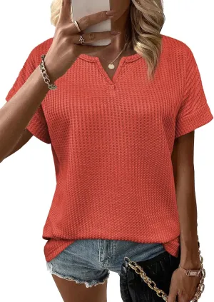 Waffle Knit Tops for Women V Neck Short Sleeve Casual Shirts Loose Summer Tunic Tops Blouses
