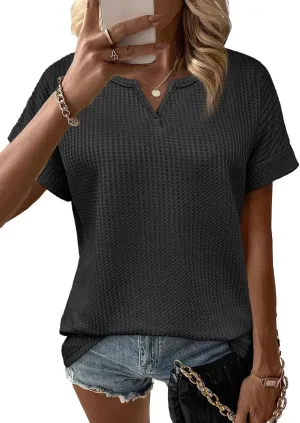 Waffle Knit Tops for Women V Neck Short Sleeve Casual Shirts Loose Summer Tunic Tops Blouses