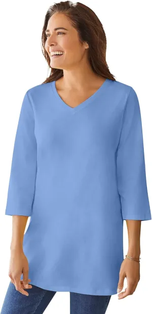Woman Within Women's Plus Size Perfect Three-Quarter Sleeve V-Neck Tunic