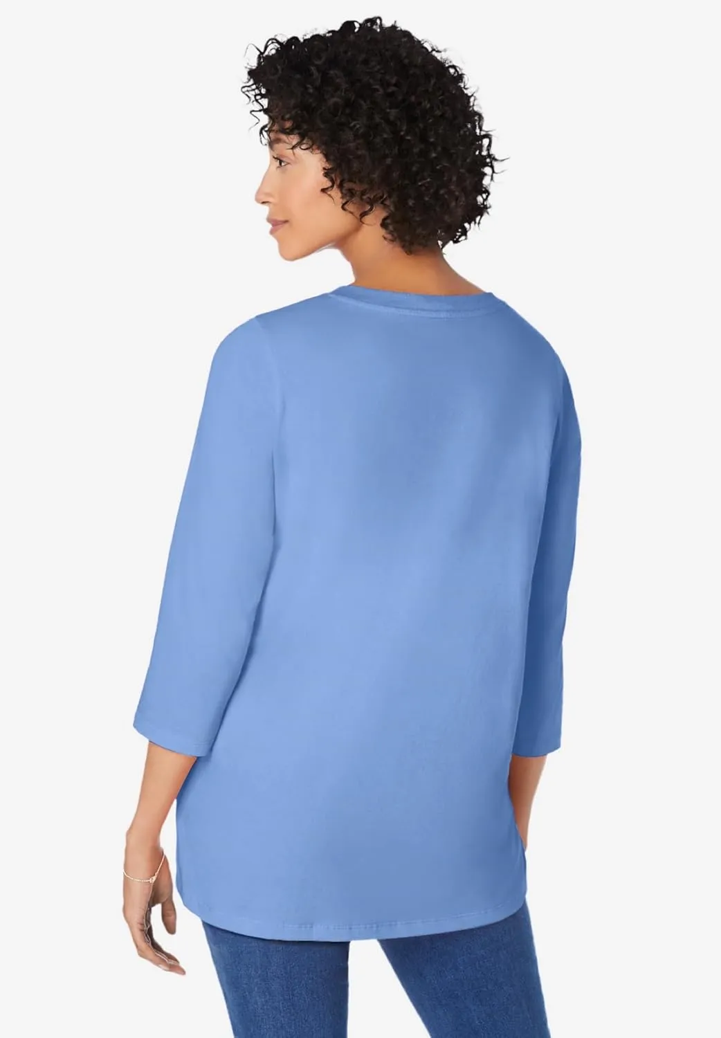 Woman Within Women's Plus Size Perfect Three-Quarter Sleeve V-Neck Tunic