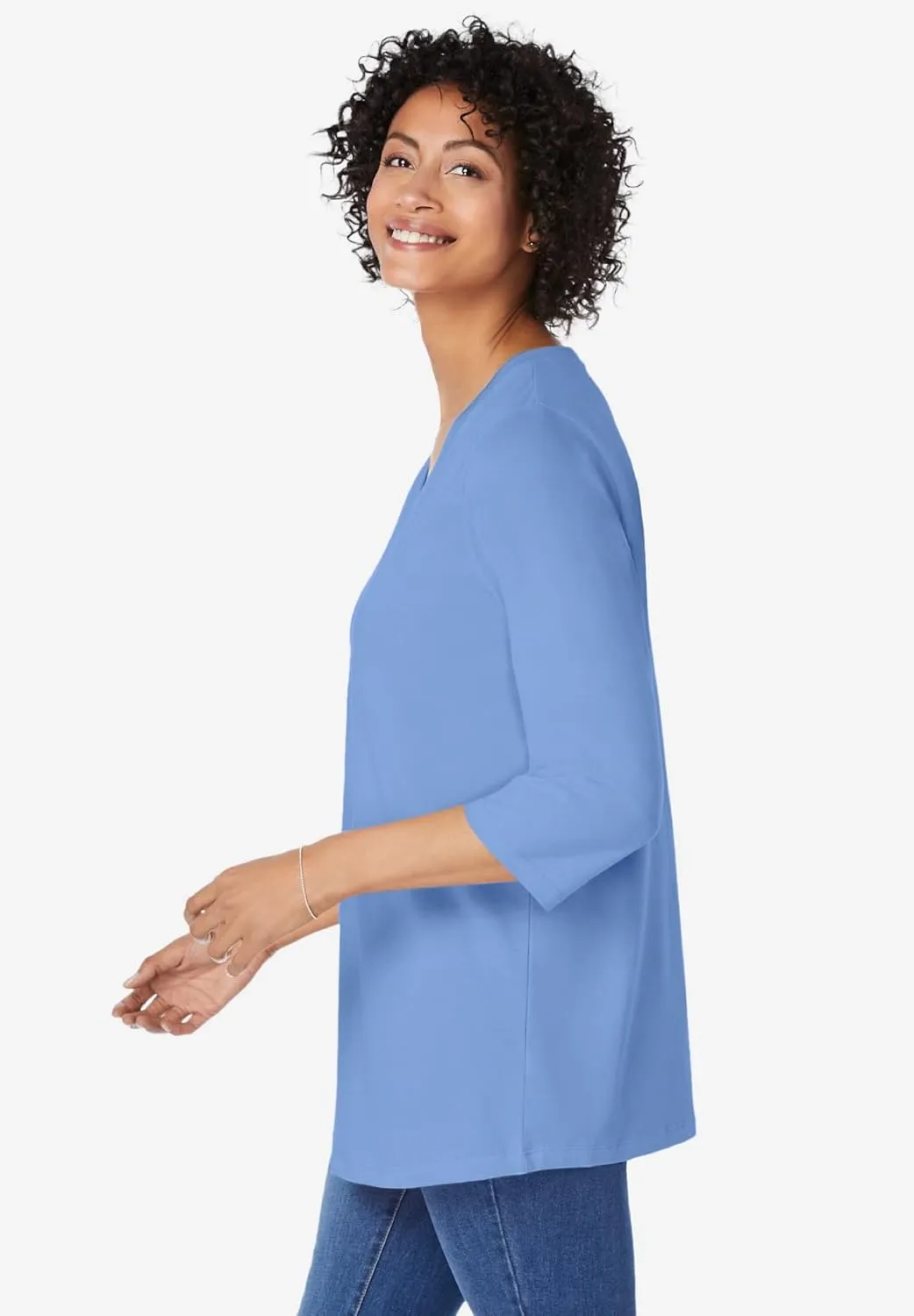 Woman Within Women's Plus Size Perfect Three-Quarter Sleeve V-Neck Tunic