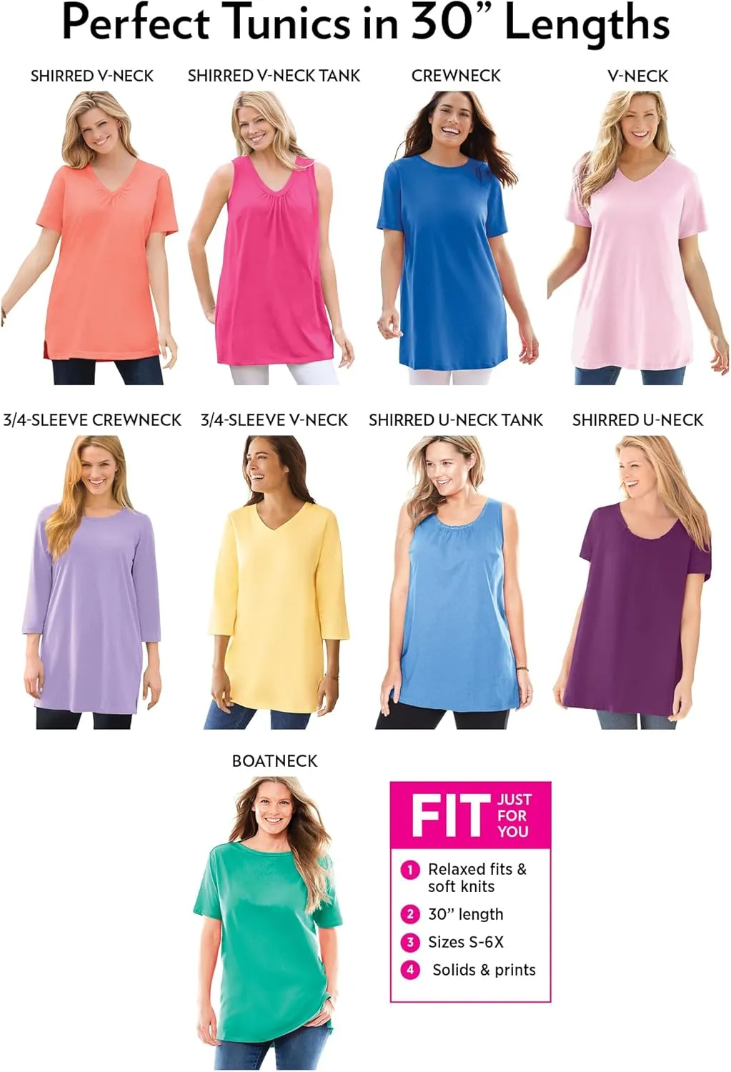 Woman Within Women's Plus Size Perfect Three-Quarter Sleeve V-Neck Tunic