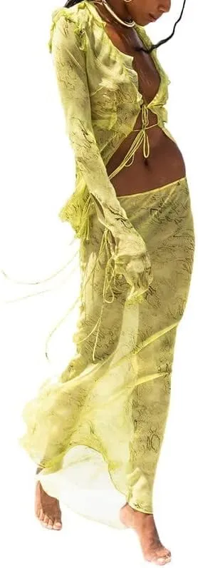Women 2 Piece Maxi Skirt Set Sexy Lace Up Tank Top High Waist Long Skirt Set