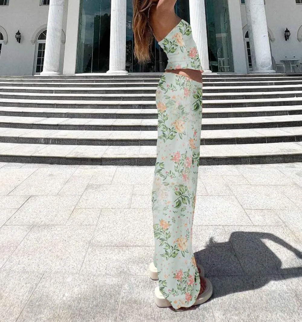 Women 2 Piece Maxi Skirt Set Y2K Floral Print Lace Up Sleeveless Tank Top and Long Skirt Boho Summer Outfits