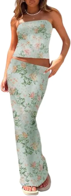Women 2 Piece Maxi Skirt Set Y2K Floral Print Lace Up Sleeveless Tank Top and Long Skirt Boho Summer Outfits
