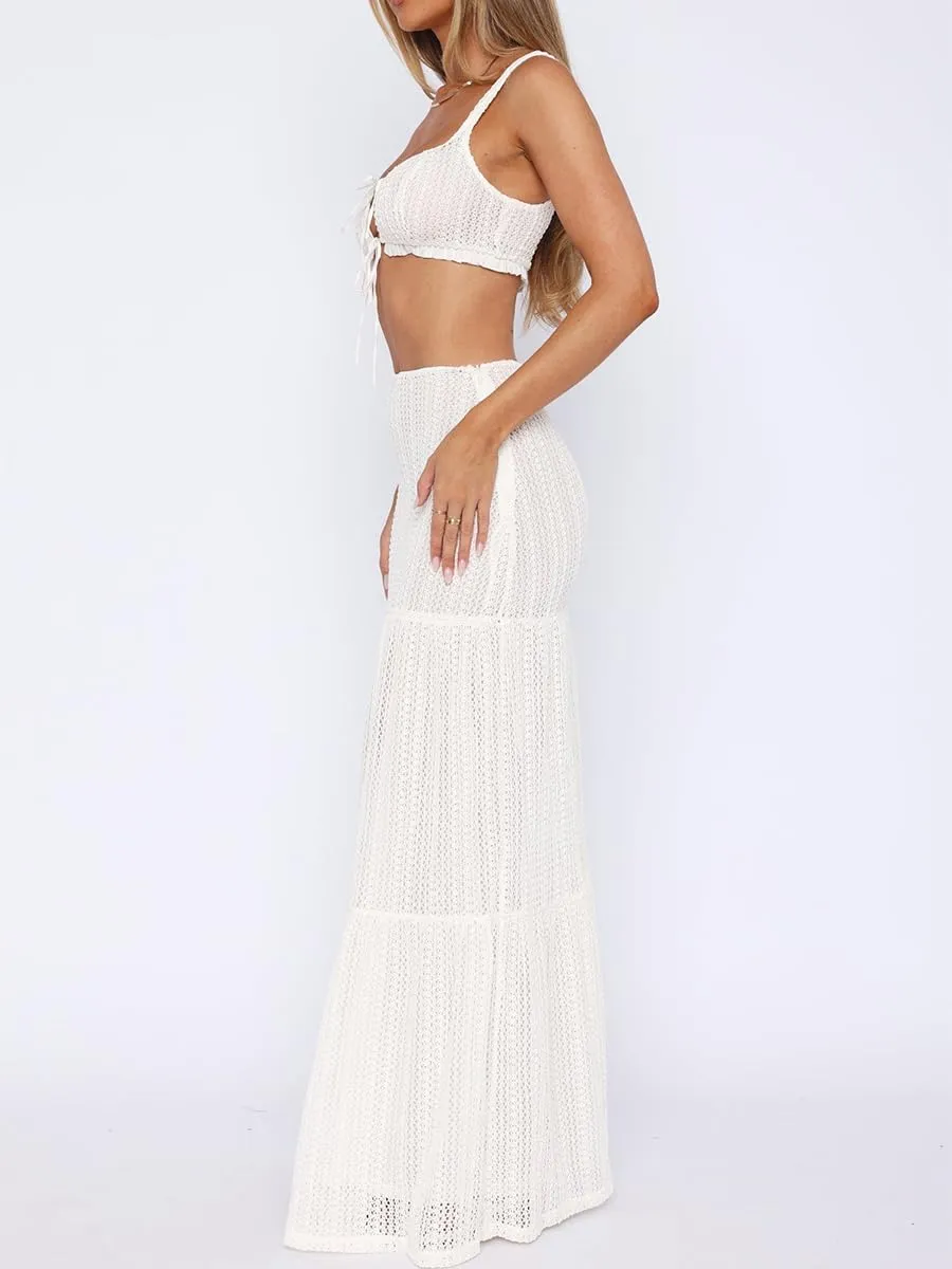 Women 2 Piece Maxi Skirts Set Y2k Ruffle Sleeveless Lace Trim Cami Top Tiered Flowy A Line Long Skirt Summer Outfits