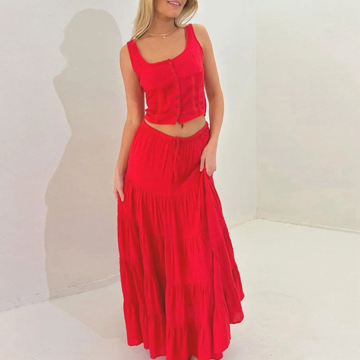 Women 2 Piece Maxi Skirts Set Y2k Ruffle Sleeveless Lace Trim Cami Top Tiered Flowy A Line Long Skirt Summer Outfits