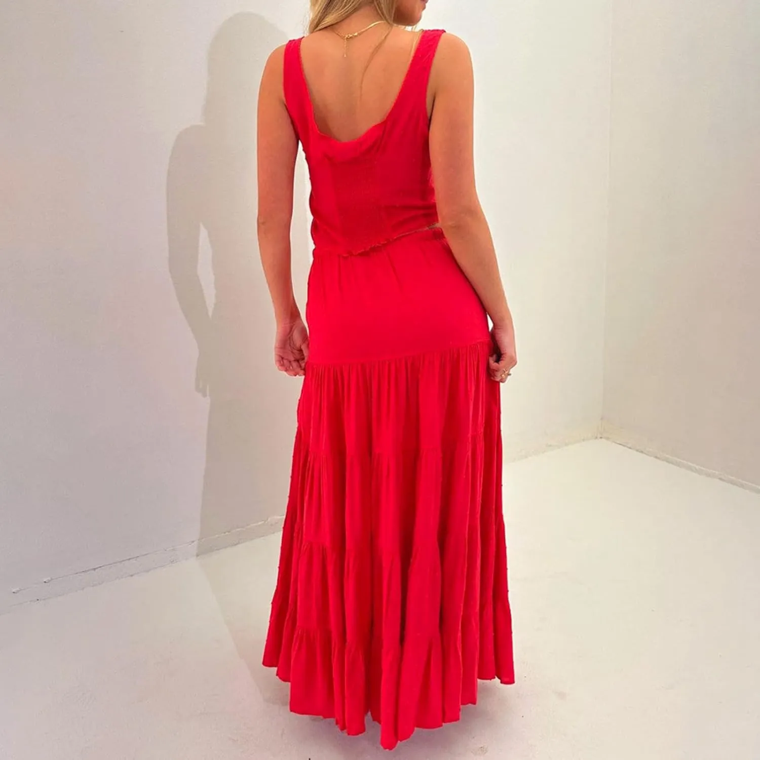 Women 2 Piece Maxi Skirts Set Y2k Ruffle Sleeveless Lace Trim Cami Top Tiered Flowy A Line Long Skirt Summer Outfits