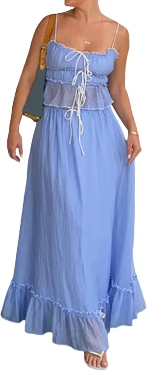 Women 2 Piece Maxi Skirts Set Y2k Ruffle Sleeveless Lace Trim Cami Top Tiered Flowy A Line Long Skirt Summer Outfits