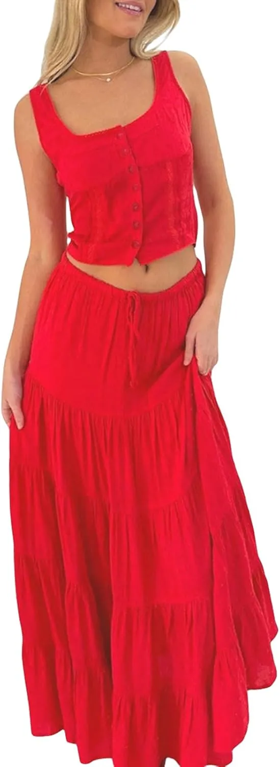 Women 2 Piece Maxi Skirts Set Y2k Ruffle Sleeveless Lace Trim Cami Top Tiered Flowy A Line Long Skirt Summer Outfits