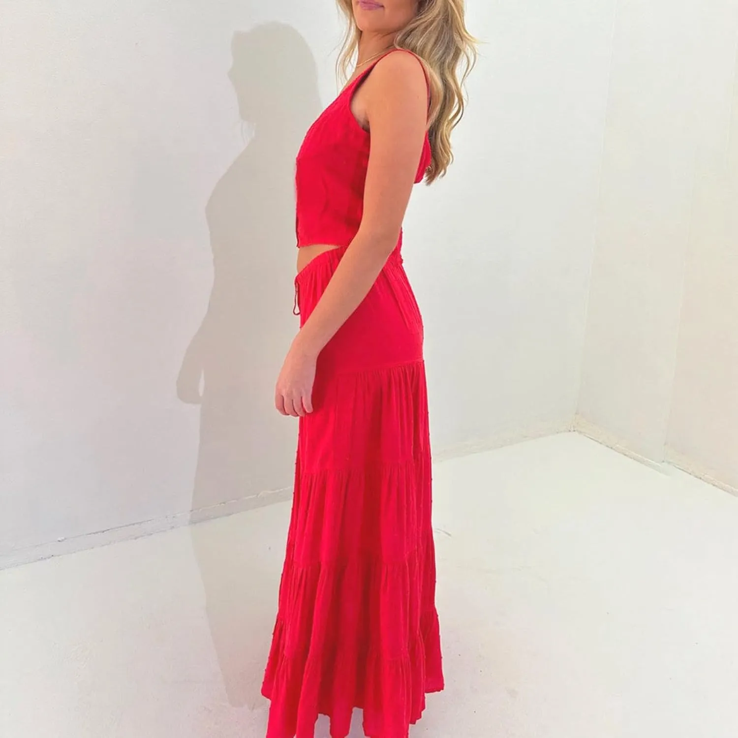Women 2 Piece Maxi Skirts Set Y2k Ruffle Sleeveless Lace Trim Cami Top Tiered Flowy A Line Long Skirt Summer Outfits