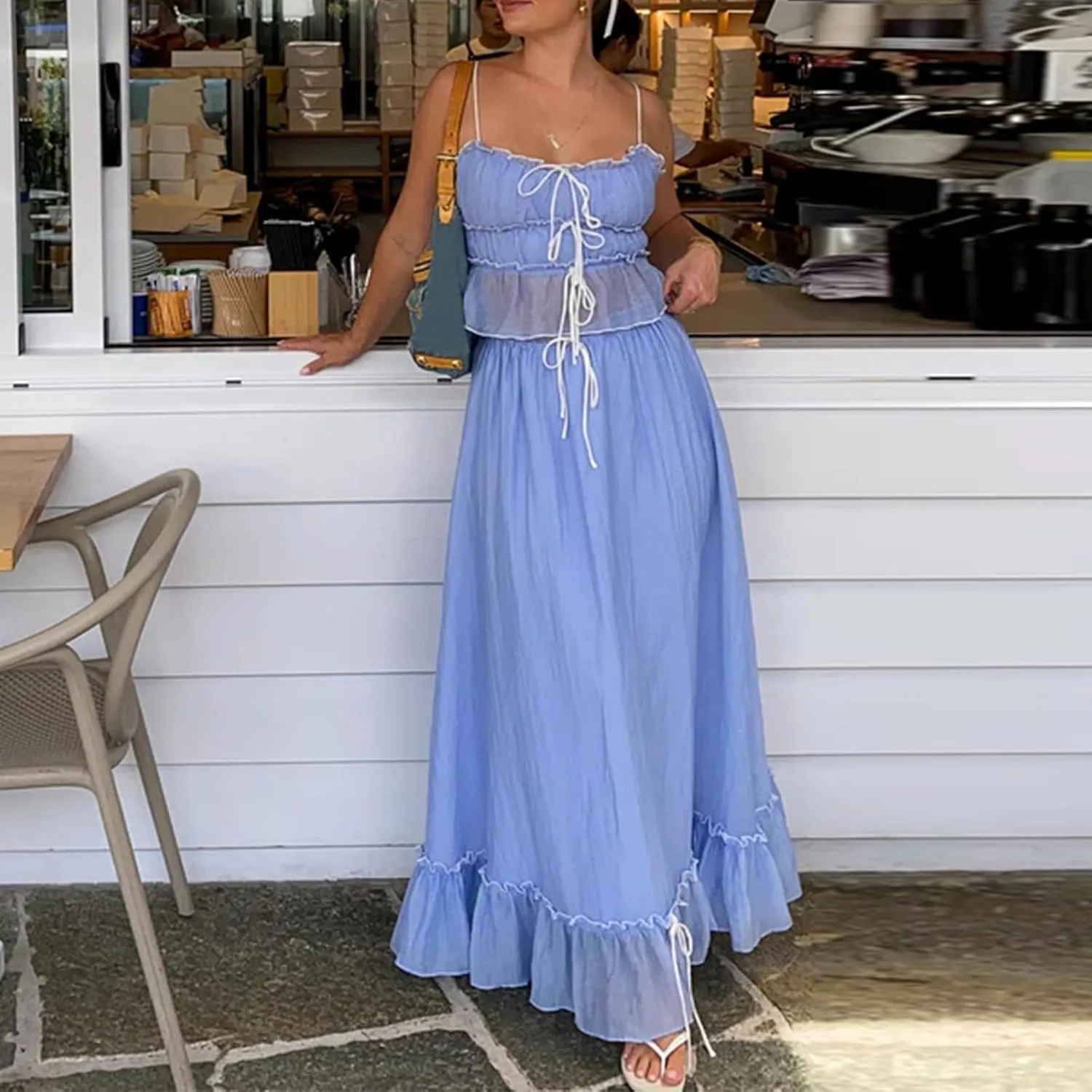 Women 2 Piece Maxi Skirts Set Y2k Ruffle Sleeveless Lace Trim Cami Top Tiered Flowy A Line Long Skirt Summer Outfits