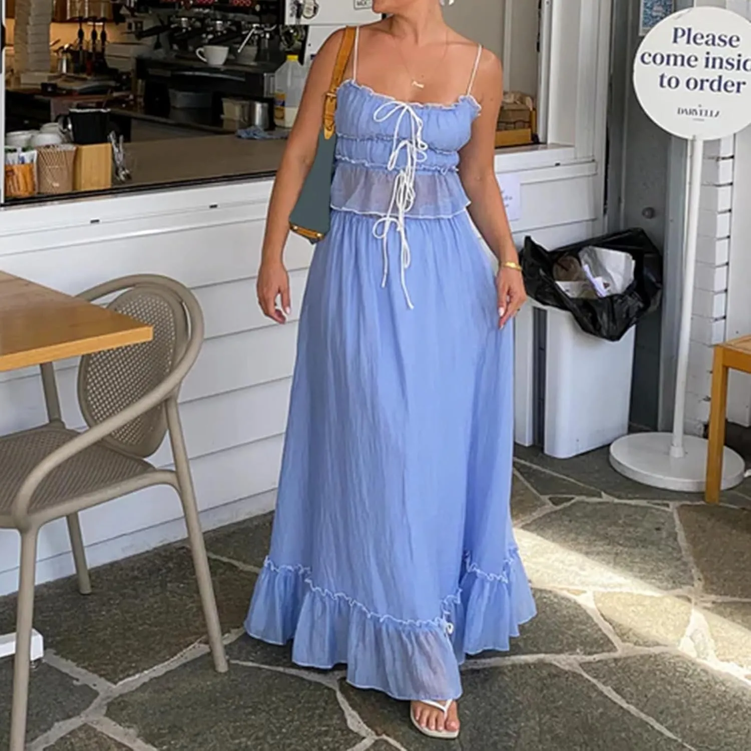 Women 2 Piece Maxi Skirts Set Y2k Ruffle Sleeveless Lace Trim Cami Top Tiered Flowy A Line Long Skirt Summer Outfits