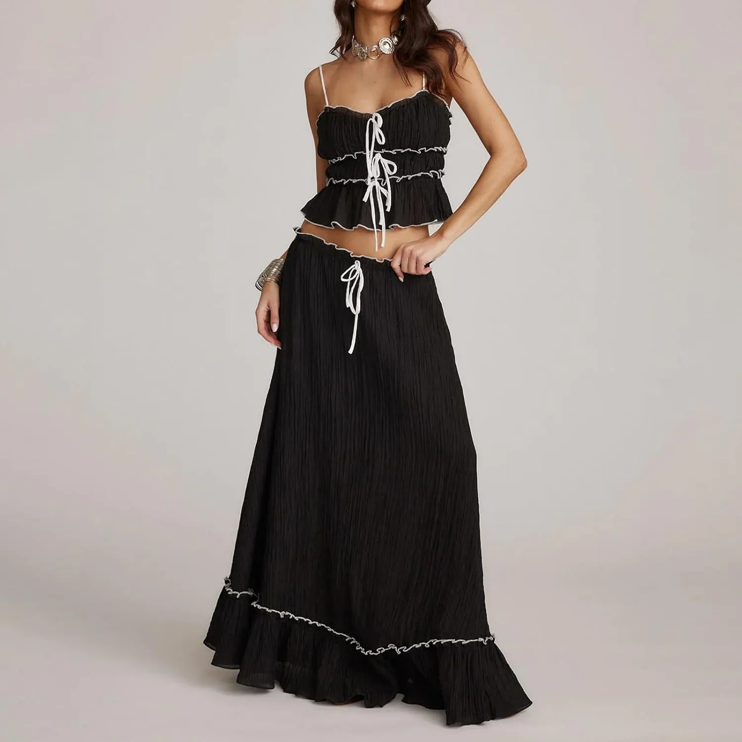 Women 2 Piece Maxi Skirts Set Y2k Ruffle Sleeveless Lace Trim Cami Top Tiered Flowy A Line Long Skirt Summer Outfits