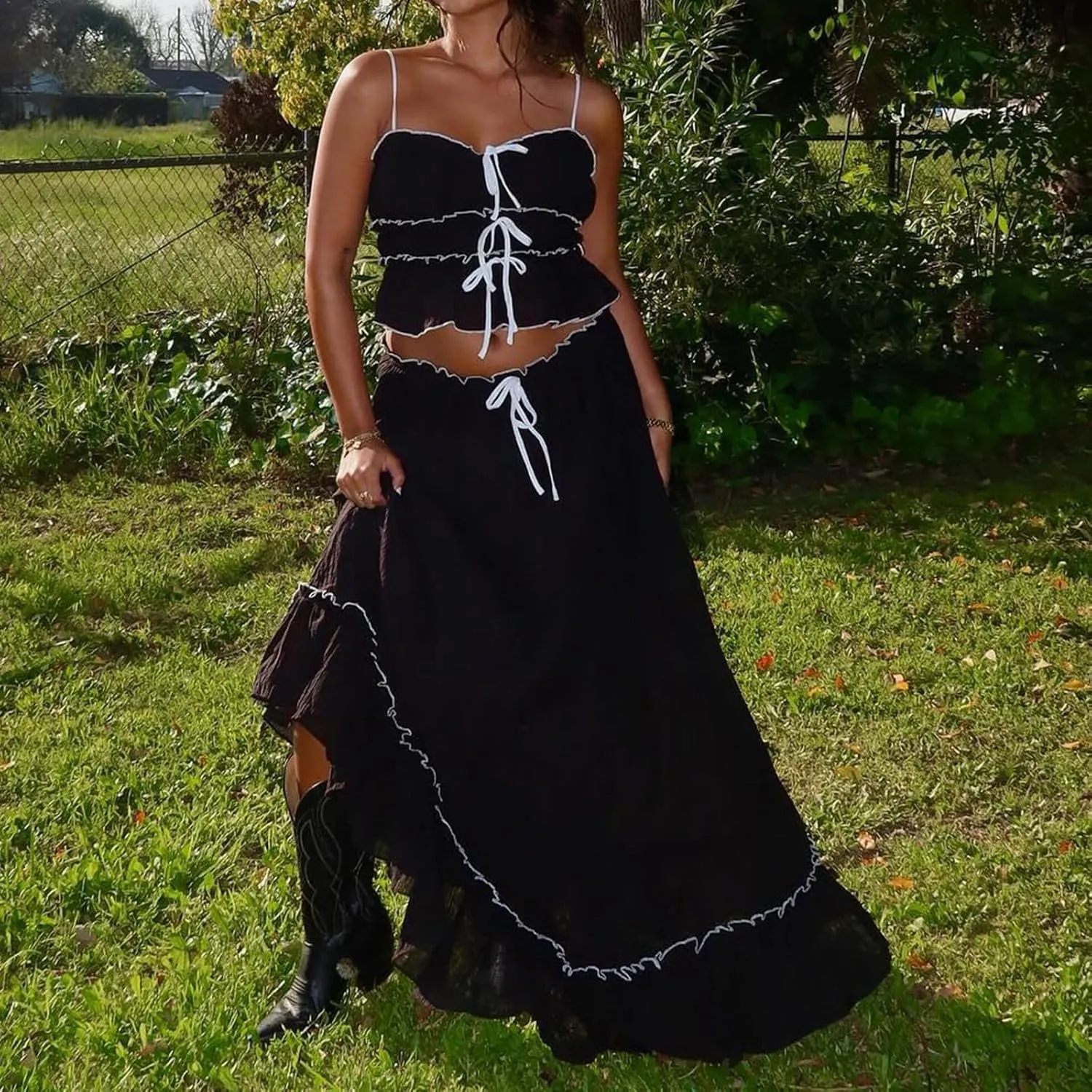 Women 2 Piece Maxi Skirts Set Y2k Ruffle Sleeveless Lace Trim Cami Top Tiered Flowy A Line Long Skirt Summer Outfits