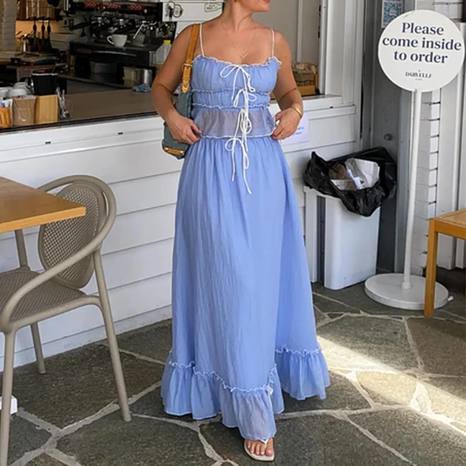 Women 2 Piece Maxi Skirts Set Y2k Ruffle Sleeveless Lace Trim Cami Top Tiered Flowy A Line Long Skirt Summer Outfits