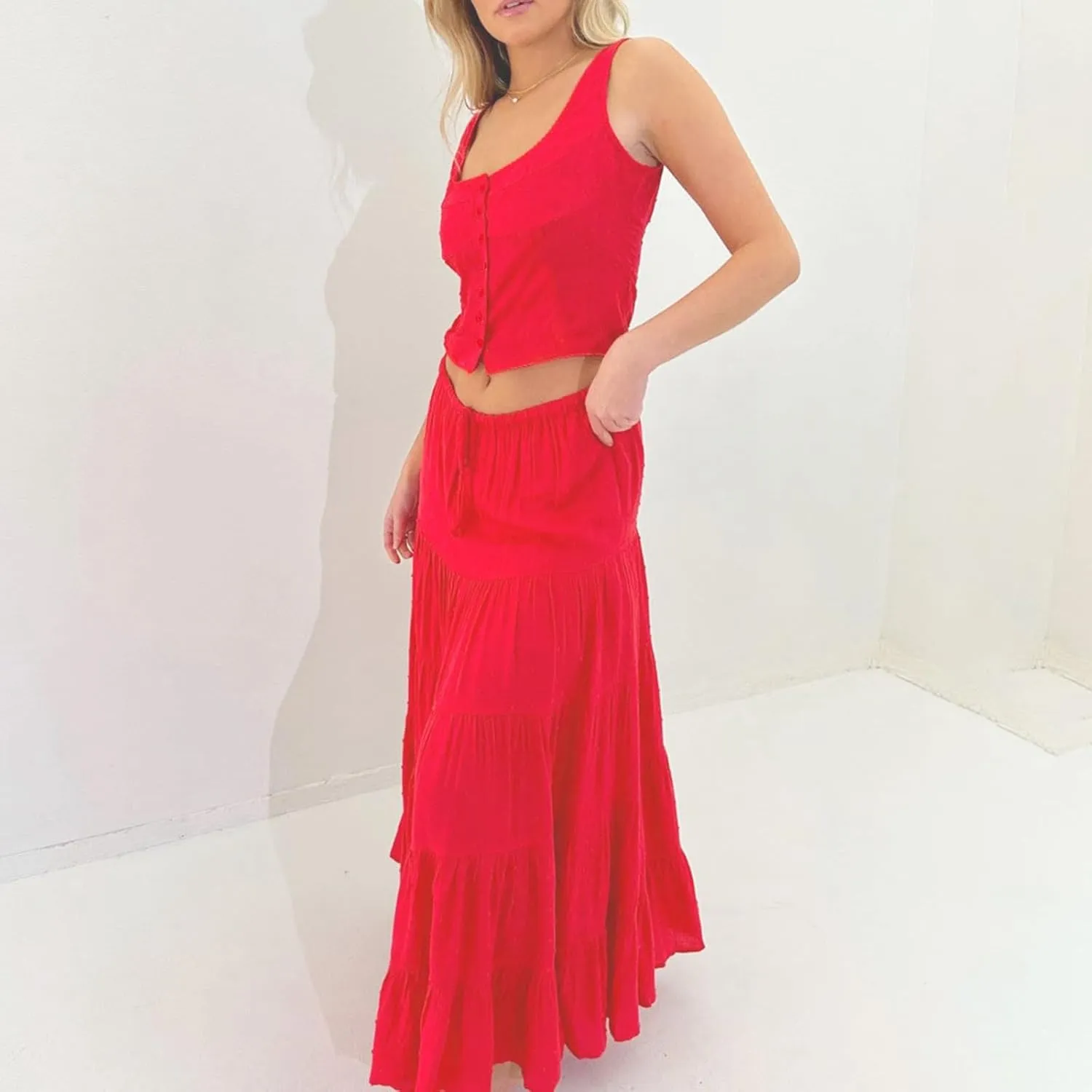 Women 2 Piece Maxi Skirts Set Y2k Ruffle Sleeveless Lace Trim Cami Top Tiered Flowy A Line Long Skirt Summer Outfits