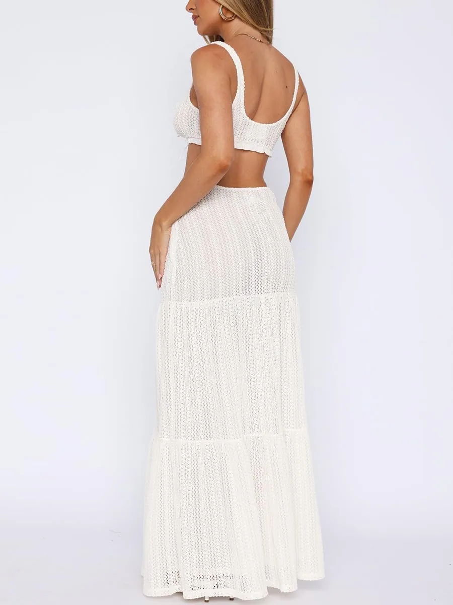 Women 2 Piece Maxi Skirts Set Y2k Ruffle Sleeveless Lace Trim Cami Top Tiered Flowy A Line Long Skirt Summer Outfits
