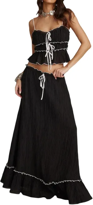 Women 2 Piece Maxi Skirts Set Y2k Ruffle Sleeveless Lace Trim Cami Top Tiered Flowy A Line Long Skirt Summer Outfits