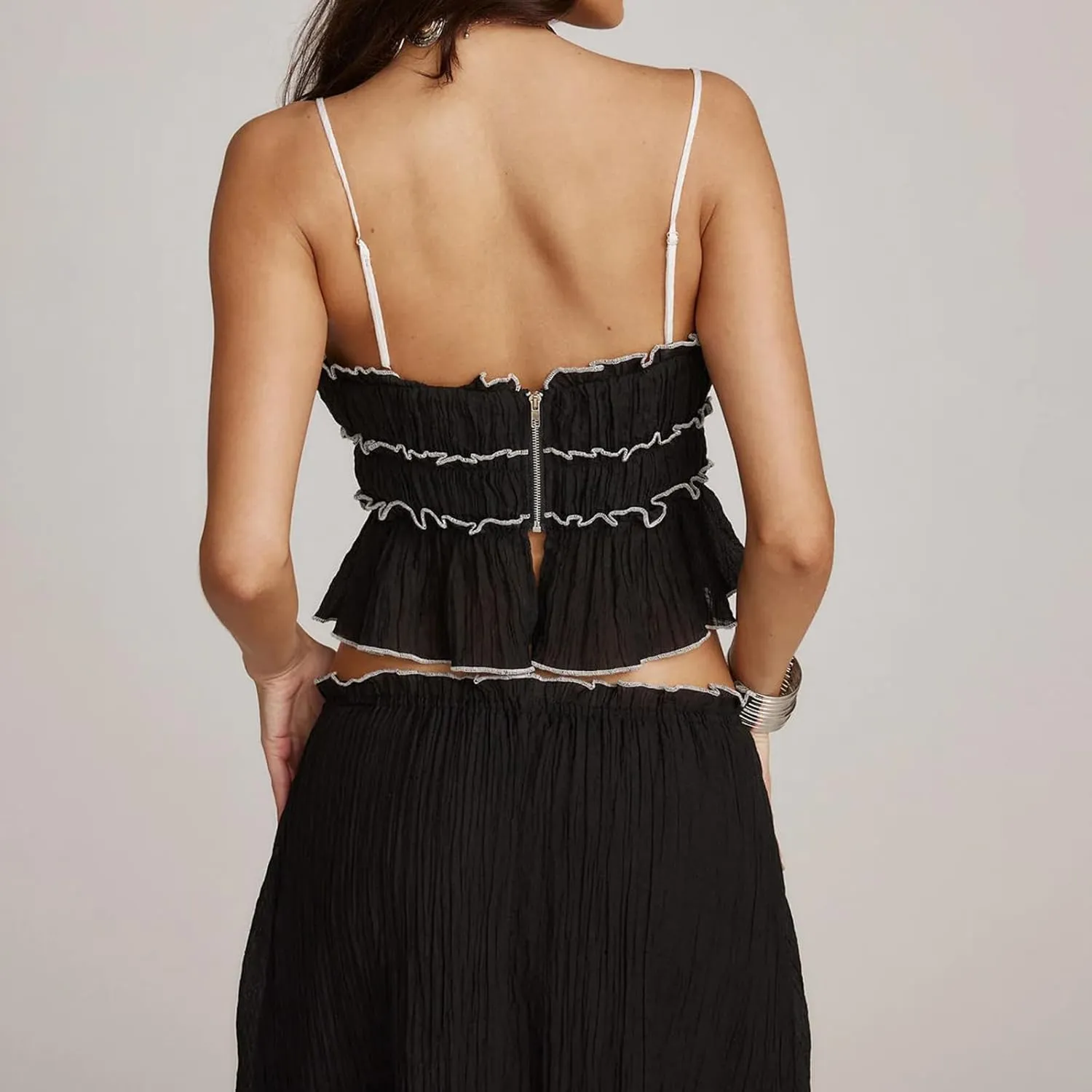 Women 2 Piece Maxi Skirts Set Y2k Ruffle Sleeveless Lace Trim Cami Top Tiered Flowy A Line Long Skirt Summer Outfits