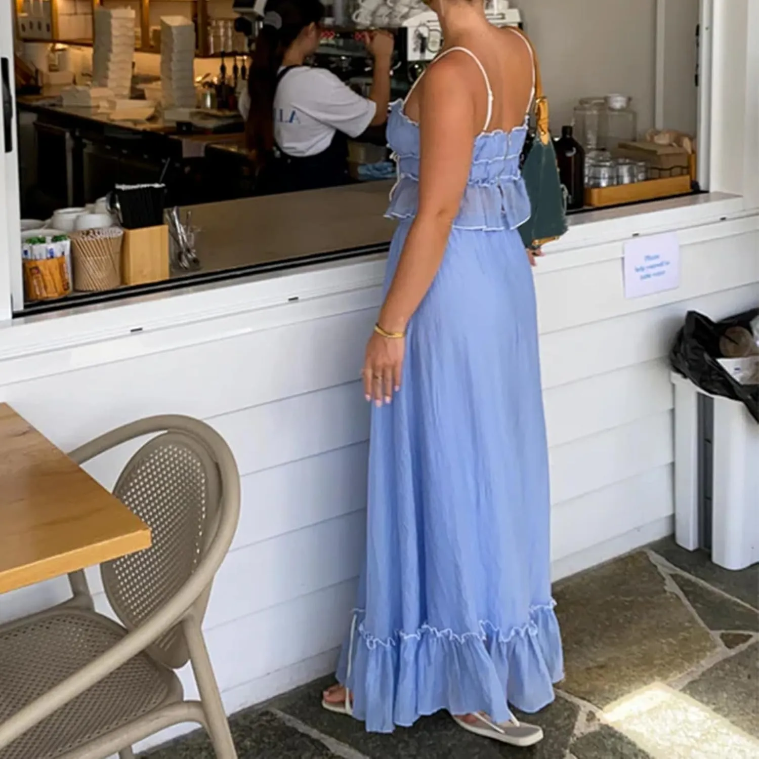 Women 2 Piece Maxi Skirts Set Y2k Ruffle Sleeveless Lace Trim Cami Top Tiered Flowy A Line Long Skirt Summer Outfits