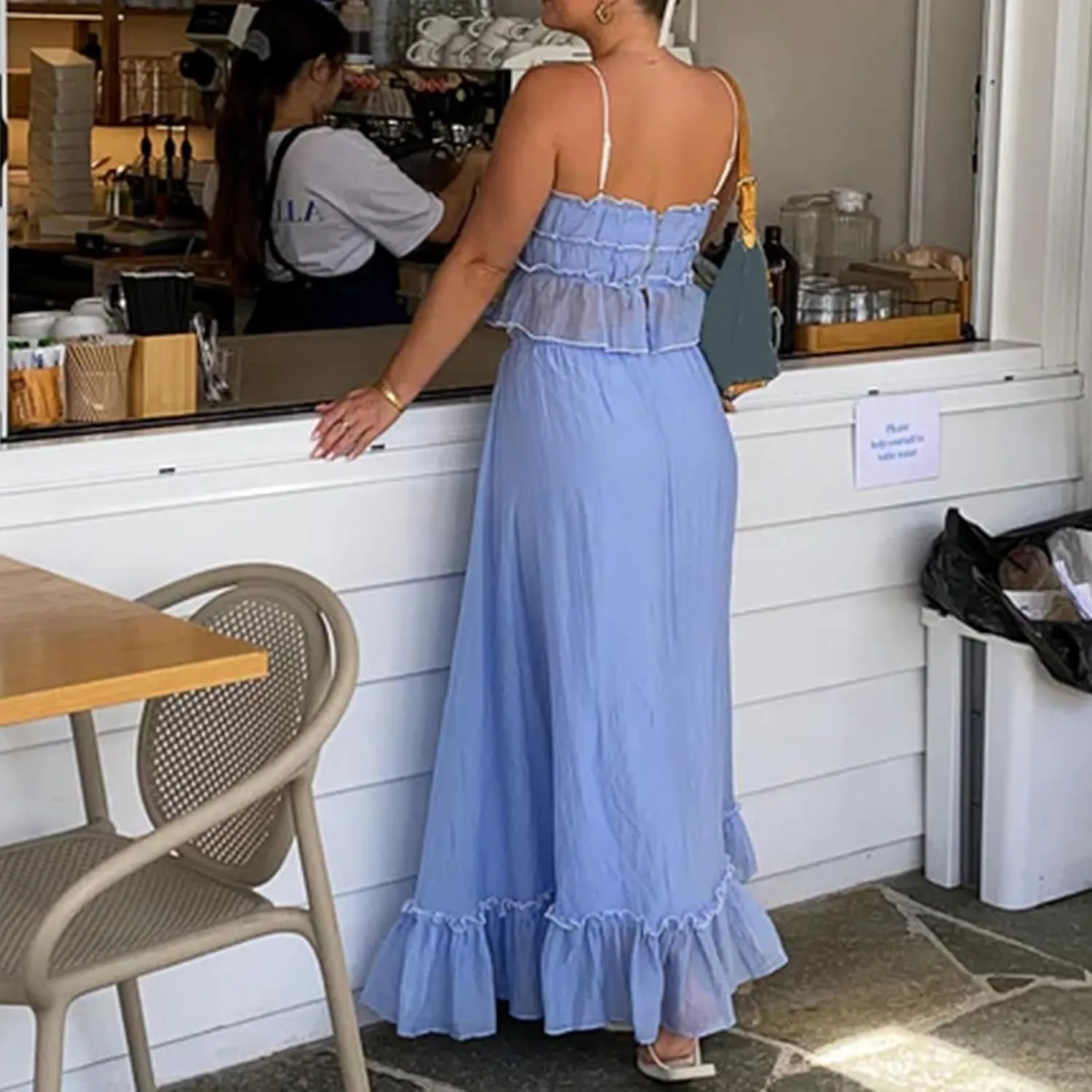 Women 2 Piece Maxi Skirts Set Y2k Ruffle Sleeveless Lace Trim Cami Top Tiered Flowy A Line Long Skirt Summer Outfits